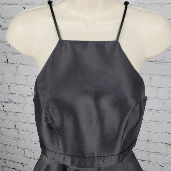 Lulus Black Satin High Neck Strappy High Low A-Line Flowy Cocktail Dress Gown XS - Picture 5 of 13
